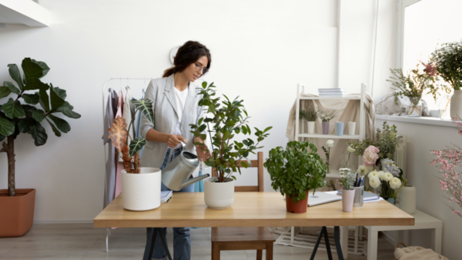 woman watering plants in the office